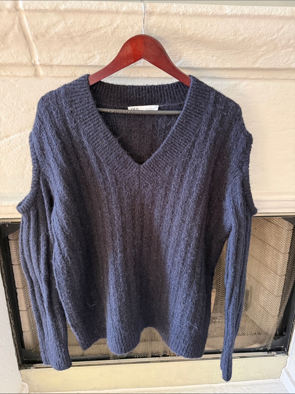 Zara V-Neck Open-Shoulder Sweater in Dark Navy